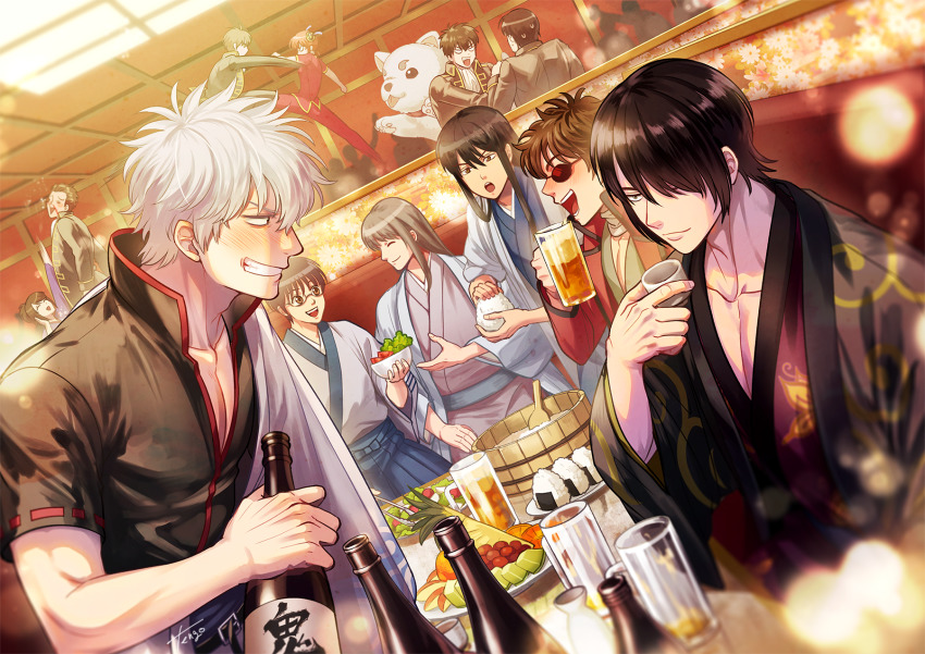 2girls 6+boys :d =_= animal beer_mug black_hair black_jacket black_shirt blood blue_hakama blue_kimono blush bottle bowl brown_eyes bun_cover chinese_clothes choko_(cup) closed_eyes closed_mouth collarbone commentary_request cup dog double_bun food gintama grey_kimono grin hadanugi_dousa hair_bun hair_over_one_eye hakama hakama_skirt has_bad_revision has_downscaled_revision highres hijikata_toushirou holding holding_bottle holding_bowl holding_cup indoors jacket japanese_clothes kagura_(gintama) katsura_kotarou kimono kondou_isao long_hair long_sleeves md5_mismatch mug multiple_boys multiple_girls nose_blush nosebleed okita_sougo onigiri open_clothes open_jacket open_kimono open_mouth pants purple_kimono red_jacket red_pants red_shirt resolution_mismatch sadaharu sakamoto_tatsuma sakata_gintoki shamoji shimura_shinpachi shimura_tae shinsengumi shirt short_sleeves silhouette sitting skirt slapping smile source_smaller standing sweat takasugi_shinsuke tengo_(metron) white_hair wide_sleeves yoshida_shouyou