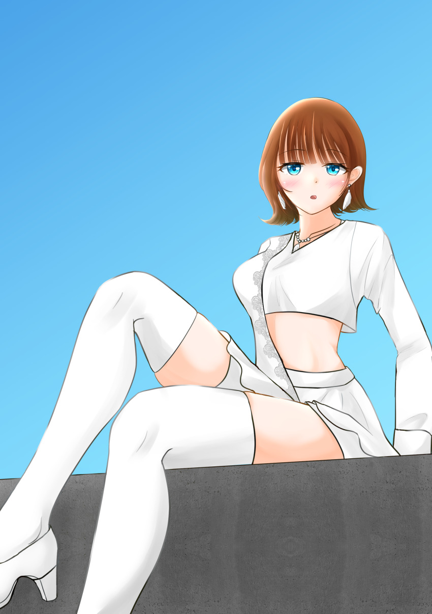 1girl absurdres avataro_sentai_donbrothers blouse blue_eyes brown_hair crop_top crossed_legs high_heels highres ruryu shirt sitting skirt sononi sononi_(donbrothers) super_sentai thighhighs white_thighhighs