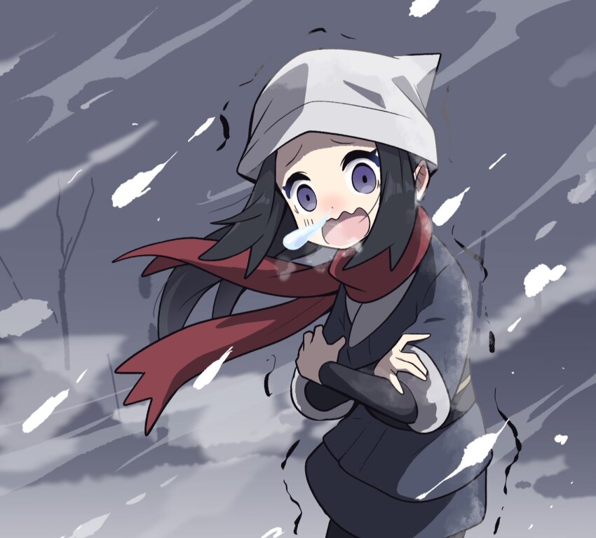 1girl akari_(pokemon) bare_tree black_eyes black_hair black_sash blurry blurry_background blush breath cold commentary crossed_arms galaxy_expedition_team_survey_corps_uniform grey_jacket headscarf highres jacket layered_sleeves long_sleeves looking_at_viewer nintendo nose_blush open_mouth outdoors pokemon pokemon_legends:_arceus poyo_party raised_eyebrows red_scarf runny_nose sash scarf short_over_long_sleeves short_sleeves sidelocks snot snow snowing snowstorm solo tree trembling wavy_mouth white_headscarf white_scarf wind winter