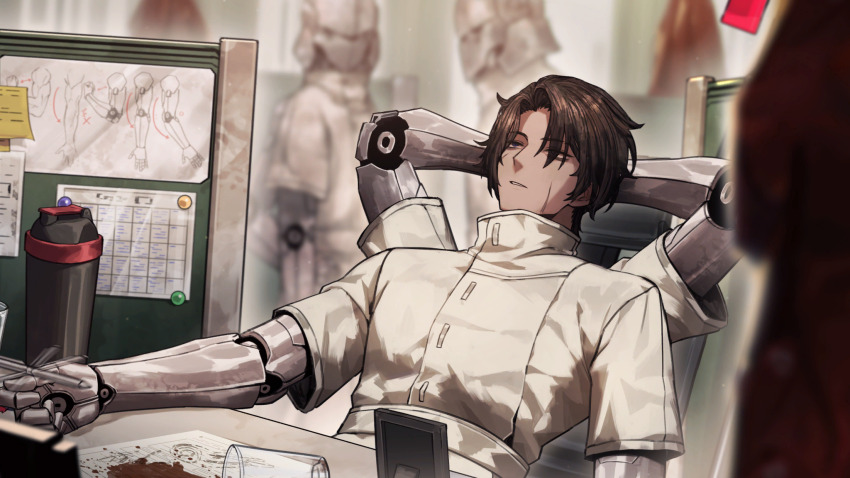 1boy 3others arms_behind_head brown_hair calendar_(object) chair coat collared_coat cubicle cup cyborg dark_skin desk drawing_(object) drinking_glass extra_arms game_cg heathcliff_(project_moon) highres limbus_company looking_up mechanical_arms mechanical_head messy_hair multicrack_office_(identity)_(project_moon) multiple_others nai_ga office office_chair official_alternate_costume official_art paper pen pen_spinning picture_frame pin project_moon prosthesis prosthetic_arm purple_eyes scar scar_on_face short_hair sleepy solo_focus spill sticky_note swivel_chair thermos third-party_source white_coat