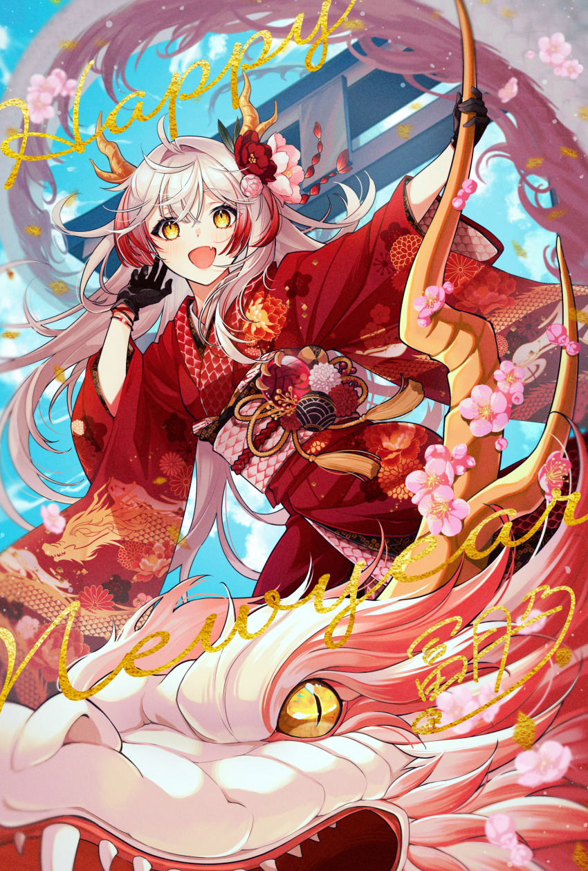 1girl absurdres black_gloves blue_sky colored_tips commentary_request cowboy_shot dragon dragon_girl dragon_horns riding_dragon eastern_dragon fangs flower gloves hair_flower hair_ornament happy_new_year highres horns ichino_tomizuki japanese_clothes kimono long_hair long_sleeves looking_at_viewer multicolored_hair new_year open_mouth original pink_flower pink_hair red_flower red_hair red_kimono signature sky slit_pupils smile torii wide_sleeves yellow_eyes