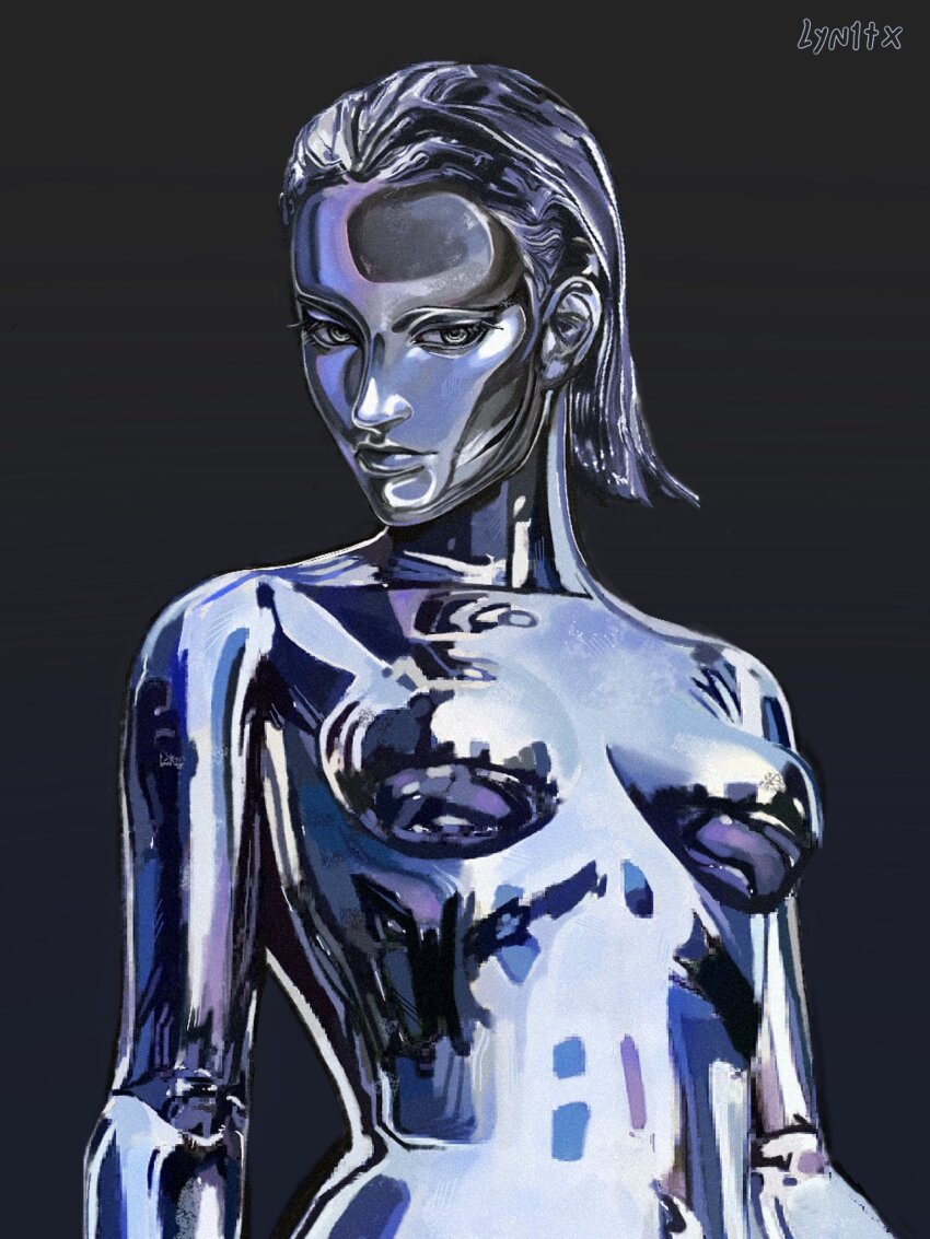 1girl black_background breasts colored_skin eyelashes fantastic_four grey_eyes grey_skin hair_slicked_back highres looking_at_viewer lyn1tx marvel mature_female medium_breasts metal_skin shiny_skin short_hair signature silver_skin silver_surfer_(shalla-bal) simple_background solo the_fantastic_four:_first_steps twitter_username wide_hips