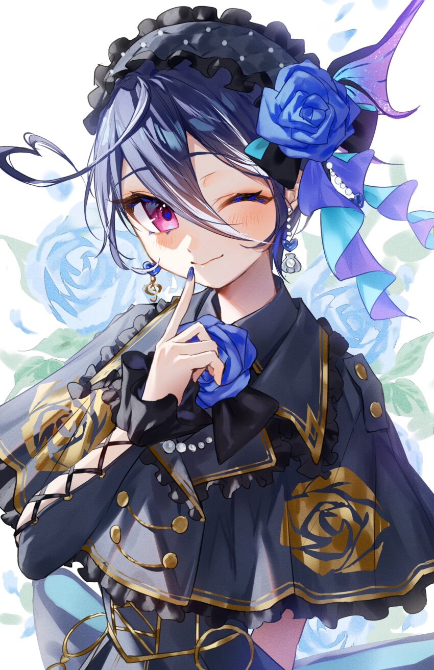 1girl aiceclass aomi_hikaru black_bow blue_capelet blue_flower blue_nails blue_rose bow capelet earrings flower gold_trim hair_flower hair_ornament heart heart_earrings highres jewelry misekiss mismatched_earrings one_eye_closed pink_eyes rose shell shell_earrings short_hair smile solo virtual_youtuber