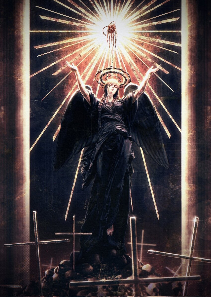 1girl angel_wings black_dress braid braided_ponytail chainsaw_man closed_eyes cross demon_girl dress eyeclyn glowing halo highres makima_(chainsaw_man) pile_of_skulls pochita_(chainsaw_man) red_hair single_braid skull solo wings