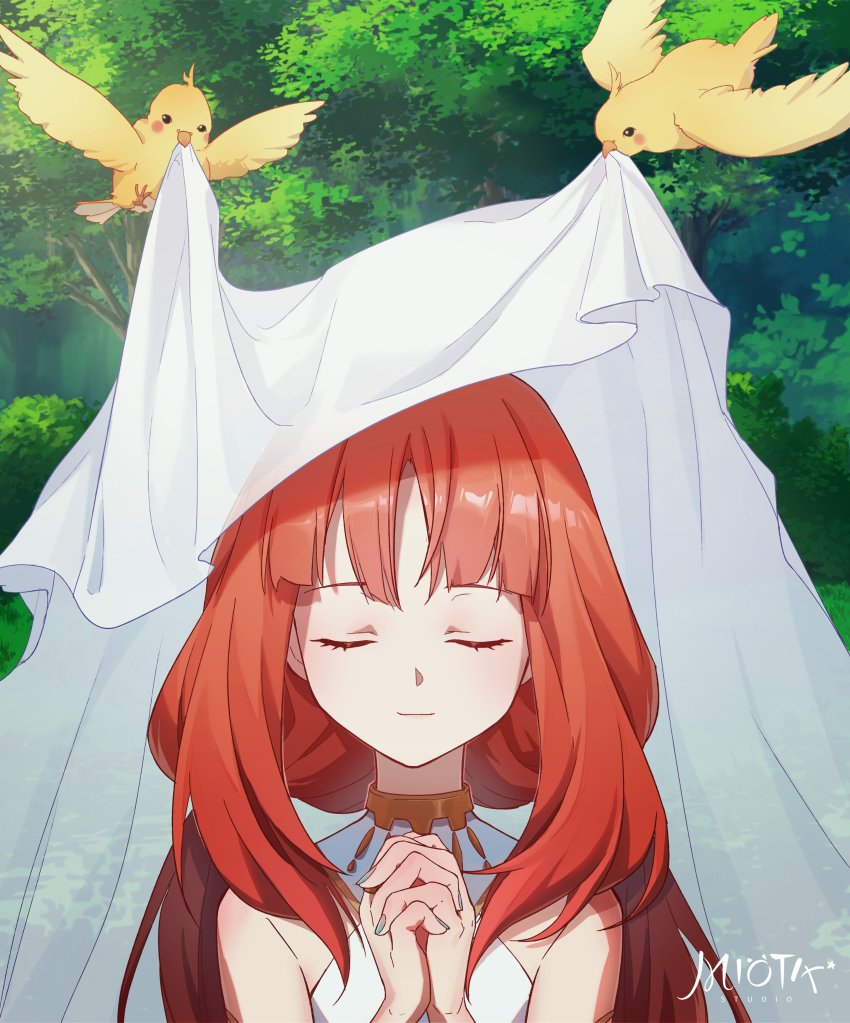 1girl absurdres artist_name bare_shoulders bird black_eyes blue_nails blush closed_eyes closed_mouth colored_skin commentary_request darkcatowo dress fingernails flying genshin_impact gold grass hands_up highres jewelry leaf long_fingernails long_hair looking_at_another looking_down nail_polish nilou_(genshin_impact) outdoors own_hands_together red_hair sleeveless sleeveless_dress smile standing tree upper_body veil white_dress wings yellow_skin