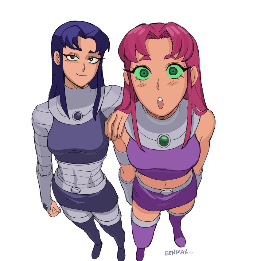2girls artist_name blackfire blush breasts colored_sclera commentary dc_comics english_commentary full_body genniax green_eyes green_sclera hand_on_another&#039;s_shoulder highres long_hair looking_at_viewer medium_breasts multiple_girls navel open_mouth purple_eyes purple_hair red_hair siblings simple_background sisters skirt sleeveless smile starfire teen_titans teeth upper_teeth_only white_background wide-eyed