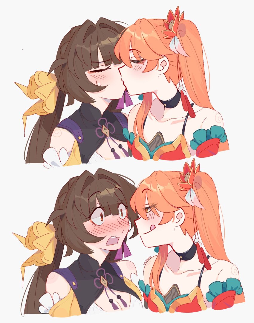 2girls :q bare_shoulders black_choker blunt_bangs blush brown_hair choker dress grey_background guinaifen_(honkai:_star_rail) hair_intakes highres honkai:_star_rail honkai_(series) kiss multiple_girls nose_blush orange_hair red_dress simple_background spaghetti_strap sushang_(honkai:_star_rail) tongue tongue_out unfamousradish upper_body yuri