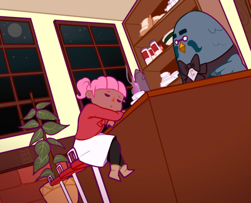 animal_crossing bananahhhhh black_skin brewster_(animal_crossing) cafe coffee colored_skin night night_sky nintendo pants pink_hair ponytail sky sleeping sleeping_upright tight_clothes tight_pants villager_(animal_crossing)