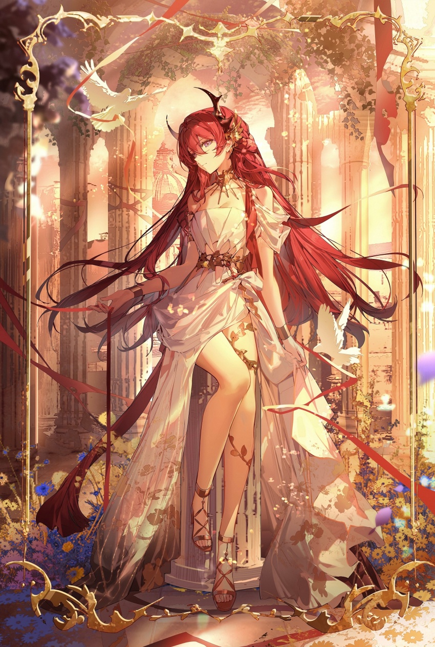 1girl absurdres ambience_synesthesia architecture arknights bird black_horns breasts dadijiji dove dress greco-roman_architecture hair_between_eyes high_heel_sandals highres horns long_hair looking_at_viewer medium_breasts metal_bracelet pink_eyes red_hair sidelocks solo stone_pillar strapless strapless_dress surtr_(arknights) white_bird white_dress