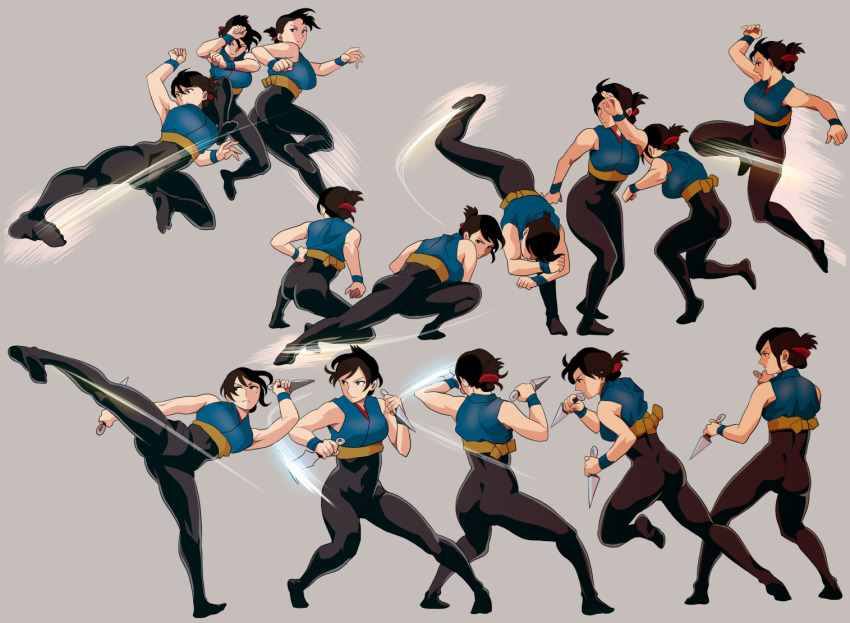 1girl action arm_up bare_shoulders black_hair black_legwear blue_eyes bodystocking breasts charging_forward clenched_hands crop_top dual_wielding facing_away fighting_stance flying_kick folded_ponytail grey_background hair_ornament hand_up holding holding_weapon ichiren_takushou jumping kicking kunai large_breasts looking_away looking_to_the_side motion_lines multiple_views muscular ninja no_shoes on_one_knee original outstretched_arm outstretched_leg reverse_grip rider_kick roundhouse_kick sash sequential sidelocks simple_background slashing sleeveless squatting tabi toned upside-down weapon wristband