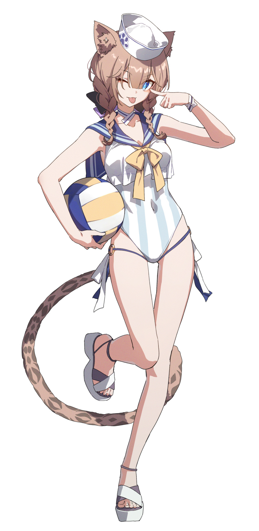 1girl ;p absurdres animal_ears ball blue_eyes blue_sailor_collar bow bowtie braid brown_hair cat_ears cat_girl cat_tail chinese_commentary covered_navel eyelid_pull full_body hat highres holding holding_ball honkai_(series) honkai_impact_3rd leg_up official_alternate_costume official_art one-piece_swimsuit one_eye_closed pardofelis sailor_collar sailor_hat sailor_one-piece_swimsuit simple_background solo striped_clothes striped_one-piece_swimsuit swimsuit sylvia_(huajiuhuajiu) tachi-e tail tongue tongue_out twin_braids vertical-striped_clothes vertical-striped_one-piece_swimsuit volleyball_(object) white_background white_footwear yellow_bow yellow_bowtie