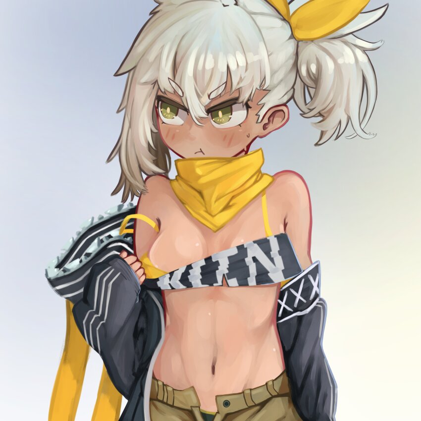 1girl :t absurdres animal_hood bandana bandeau bandeau_pull black_bandeau black_jacket black_sleeves blush breasts brown_shorts clothes_pull commentary dark-skinned_female dark_skin detached_sleeves english_commentary facing_viewer girls&#039;_frontline green_eyes grey_background grey_hair highres hood jacket klin_(girls&#039;_frontline) looking_away mrbongson navel off_shoulder open_clothes open_shorts ponytail pout pulling_own_clothes rabbit_hood ribbon shorts simple_background sleeveless sleeveless_jacket small_breasts solo sweatdrop v-shaped_eyebrows yellow_bandana yellow_ribbon