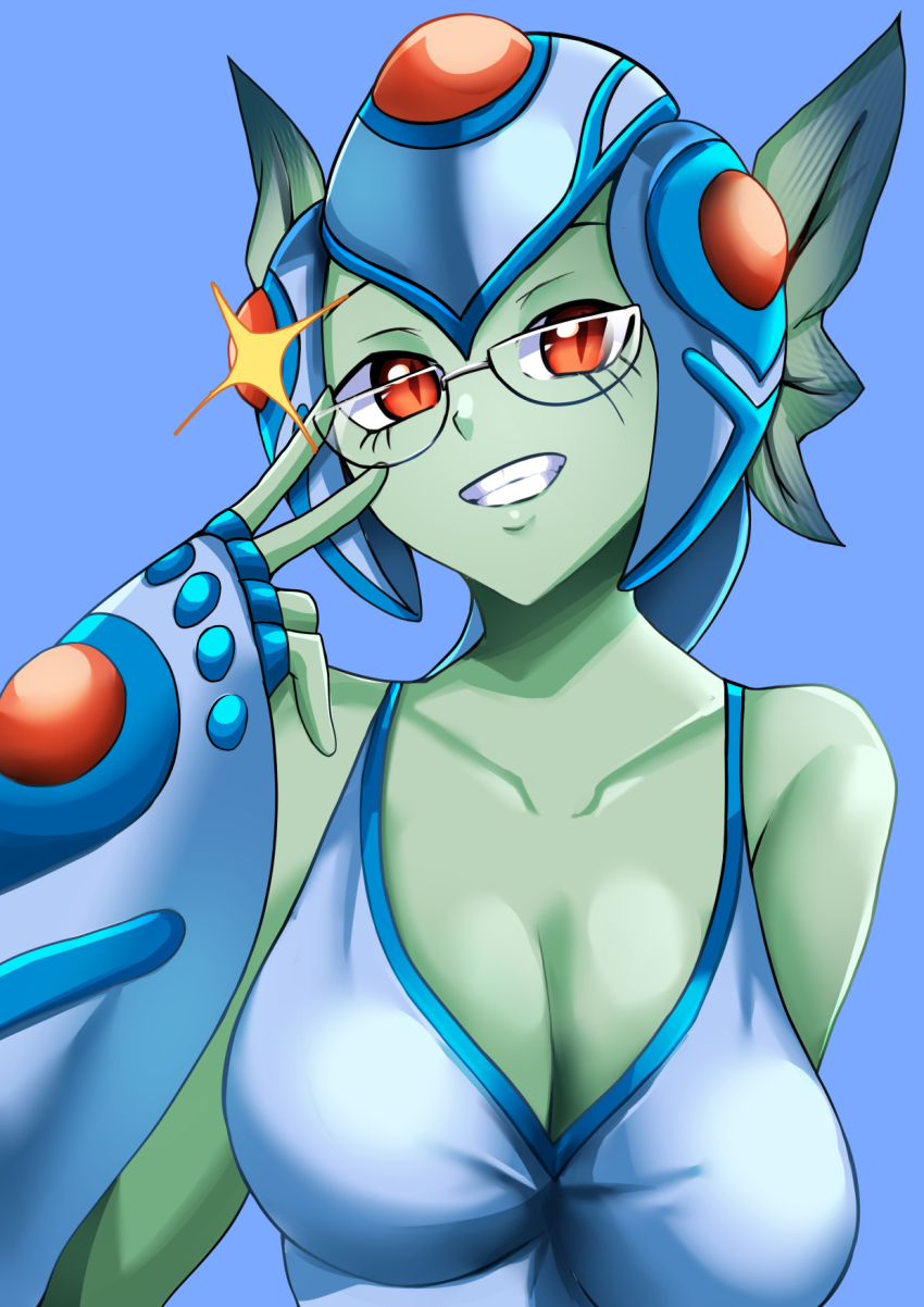 1girl adjusting_eyewear bare_shoulders blue_background blue_one-piece_swimsuit breasts cleavage colored_skin commission digimon digimon_(creature) digimon_frontier eyelashes glasses glint green_skin highres hisuikouha large_breasts one-piece_swimsuit ranamon red_eyes simple_background solo swimsuit upper_body