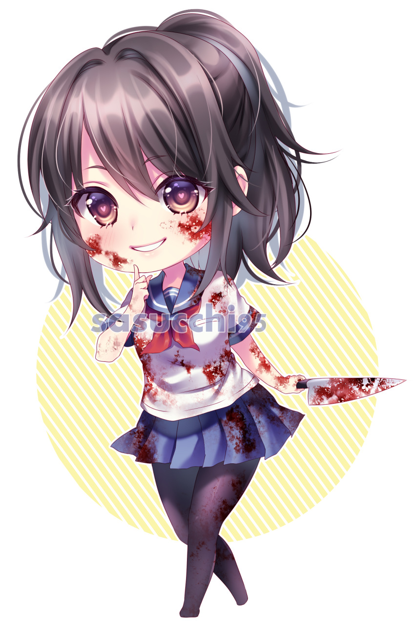 1girl arm_at_side artist_name ayano_aishi black_hair black_thighhighs blood blood_on_clothes blood_on_face bloody_knife blue_sailor_collar blue_skirt blush bright_pupils chibi chibi_only finger_to_own_chin full_body grin hair_between_eyes heart heart-shaped_pupils highres holding holding_knife index_finger_raised kitchen_knife knife looking_at_viewer medium_hair miniskirt neckerchief pantyhose pink_pupils ponytail purple_eyes red_neckerchief sailor_collar sasucchi95 school_uniform shirt skirt smile solo striped_background symbol-shaped_pupils thighhighs transparent_background walking white_shirt yandere_simulator yellow_background