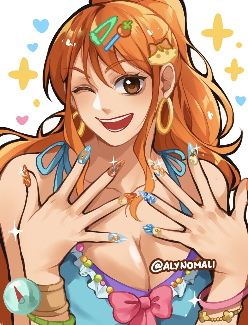 1girl alternate_costume alynomali bangle bare_shoulders blue_dress bow bracelet breasts brown_eyes cleavage collarbone dress earrings fingernails gold_earrings hair_ornament hairclip heart high_ponytail highres hoop_earrings jewelry large_breasts log_pose long_hair looking_at_viewer multicolored_nails nail_polish nami_(one_piece) one_eye_closed one_piece open_mouth orange_hair pink_bow ponytail sidelocks simple_background smile solo spaghetti_strap sparkle upper_body wavy_hair white_background