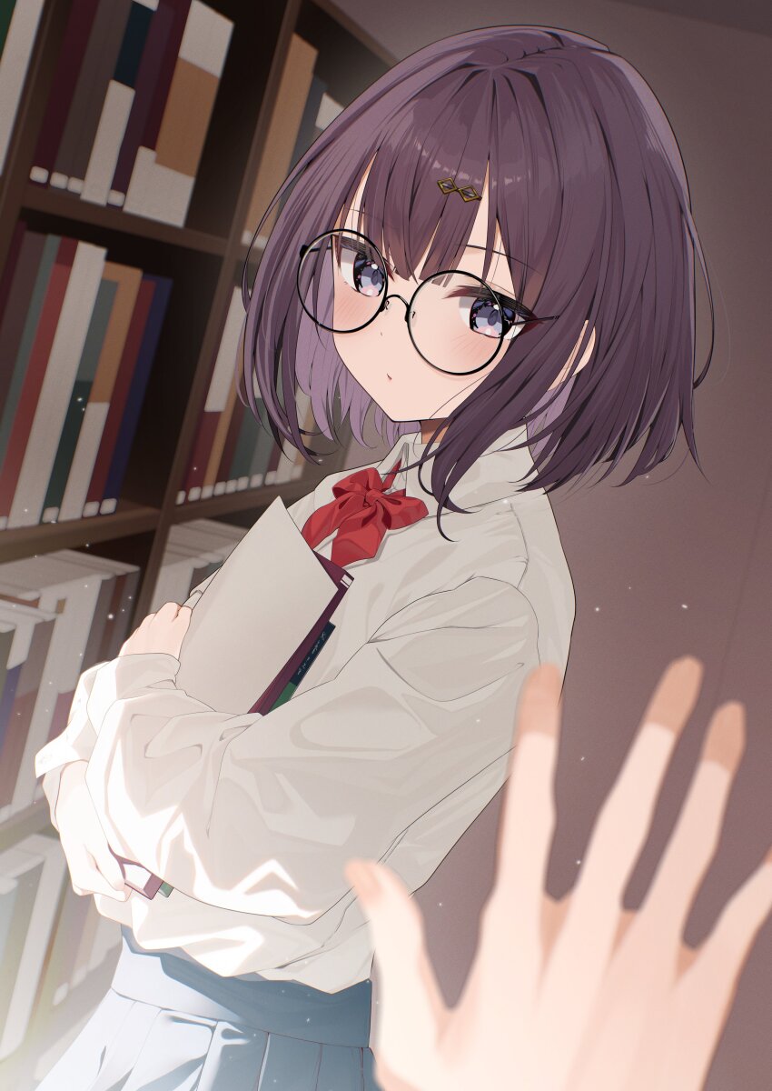 1girl 1other absurdres black-framed_eyewear blue_skirt blurry blush book bookshelf borumete bow bowtie collared_shirt commentary_request depth_of_field dress_shirt from_side glasses hair_ornament hand_up hands_up highres holding holding_book long_sleeves looking_at_viewer original parted_lips pleated_skirt pov pov_hands purple_eyes purple_hair red_bow red_bowtie round_eyewear shirt short_hair skirt white_shirt
