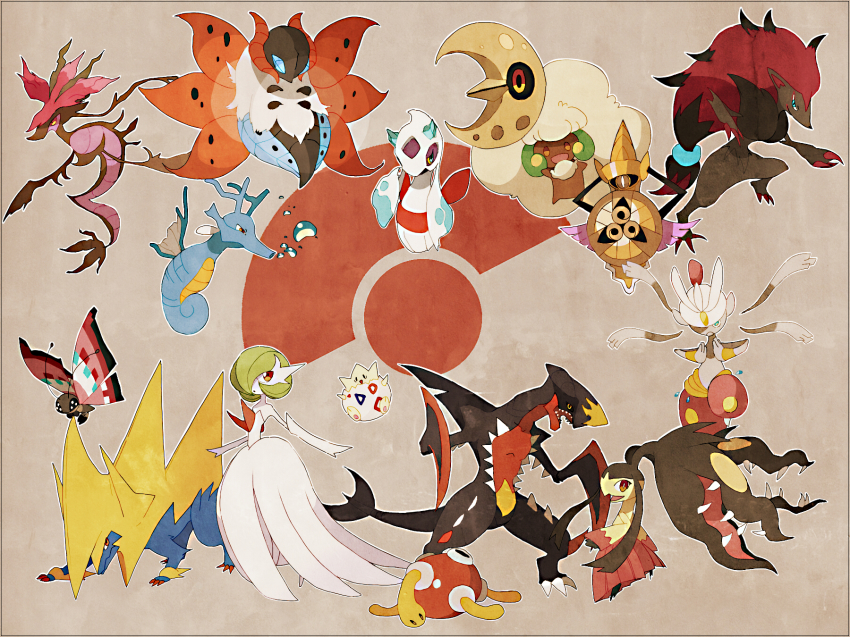 aegislash blue_eyes bug claws dragalge dragon fangs fins fish froslass garchomp gardevoir gen_2_pokemon gen_3_pokemon gen_4_pokemon gen_5_pokemon gen_6_pokemon highres kingdra lunatone manectric mawile medicham mega_garchomp mega_gardevoir mega_manectric mega_mawile mega_medicham mega_pokemon nintendo no_feet orange_eyes pokemon pokemon_(creature) red_eyes seahorse shuckle tail tarai tarai_(silica5) togepi vivillon vivillon_(meadow) volcarona whimsicott wings yellow_eyes zoroark