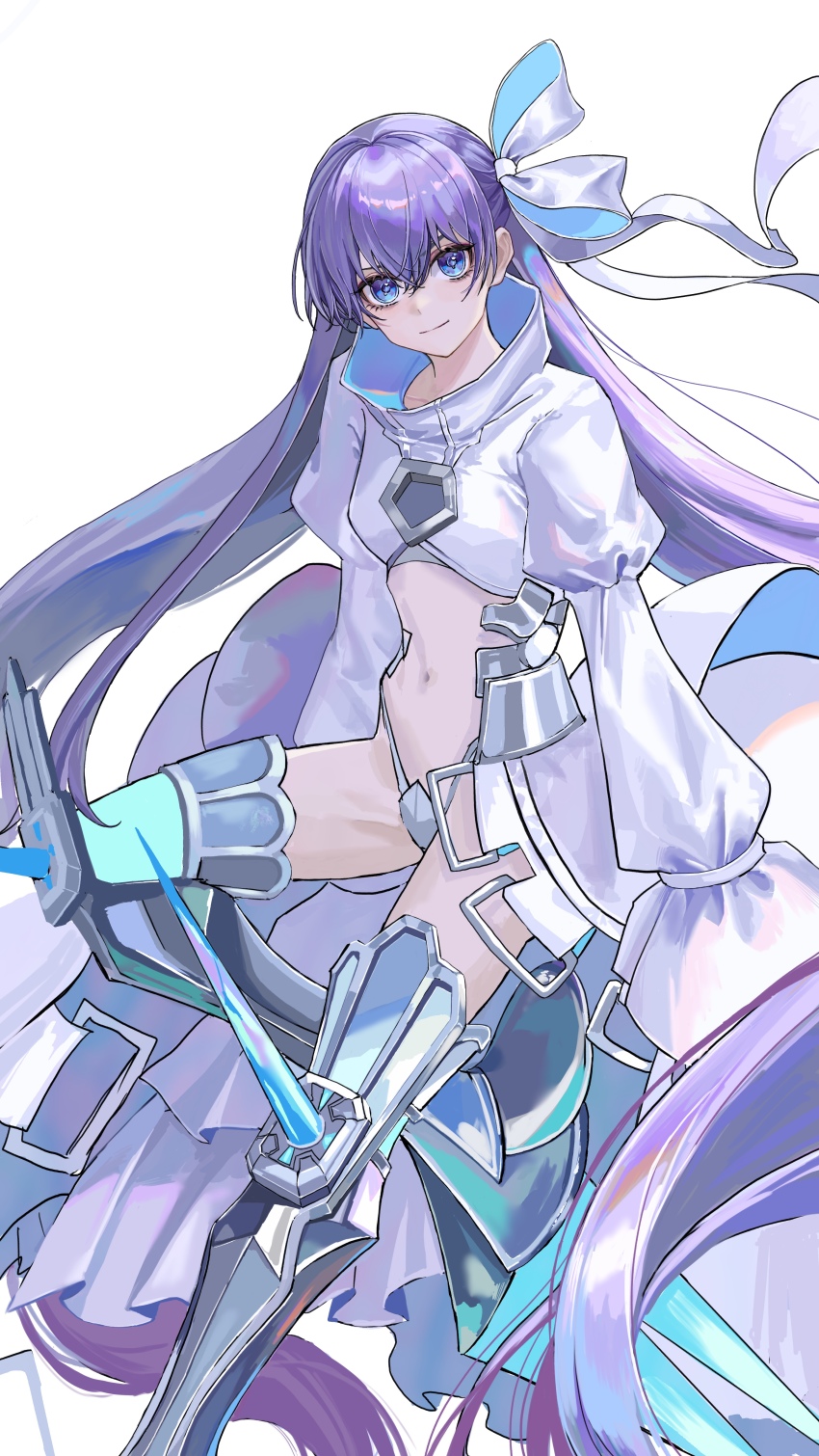 1girl absurdres armored_boots blue_eyes blue_ribbon blush boots breasts coat crotch_plate fate/grand_order fate_(series) hair_ribbon high_heels highres long_hair long_sleeves looking_at_viewer meltryllis_(fate) meltryllis_(third_ascension)_(fate) navel prosthesis prosthetic_leg purple_hair revealing_clothes ribbon simple_background sleeves_past_fingers sleeves_past_wrists small_breasts smile solo spikes star_(user_hnnj2442) very_long_hair white_background white_coat