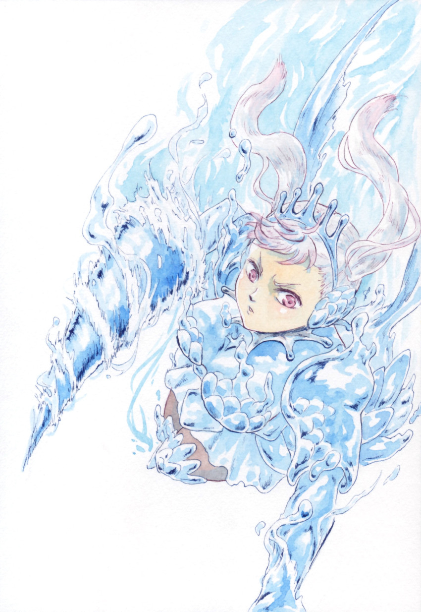 1girl absurdres armor armored_boots armored_dress black_clover blue_armor blue_dress boots colored_tips crown dress grey_hair highres holding holding_polearm holding_weapon hydrokinesis knee_boots lance liquid_clothes liquid_weapon long_hair looking_at_viewer low_wings multicolored_hair nnararagi noelle_silva parted_lips polearm purple_eyes purple_hair short_dress shoulder_armor simple_background solo twintails two-tone_hair v-shaped_eyebrows water water_dress water_wings weapon white_background wings