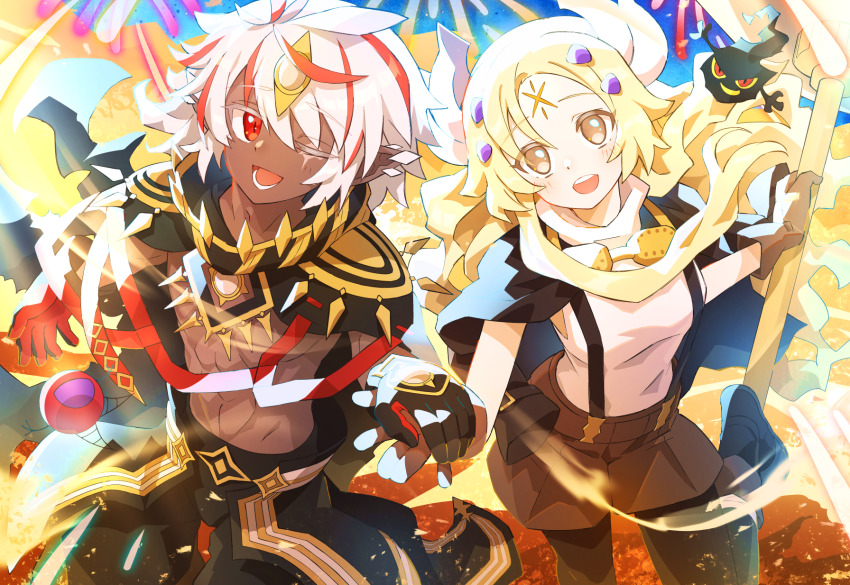 1boy 1girl abs albaz_(yu-gi-oh!) black_cape black_pantyhose blonde_hair breasts cape cowboy_shot dark_skin duel_monster ecclesia_(yu-gi-oh!) facial_mark fake_horns fallen_of_albaz fireworks forehead forehead_mark fuji_tarawi hand_grab highres horns incredible_ecclesia_the_virtuous looking_at_viewer medium_breasts pantyhose parted_bangs partially_blind red_eyes scar scar_across_eye scar_on_face shirt shorts sleeveless sleeveless_shirt white_hair yellow_eyes yu-gi-oh!