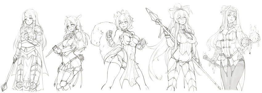 5girls animal_ears antenna_hair armor ball barbariank holding_behind_back blazblue blazblue_remix_heart bow bow_(weapon) breasts cleavage clenched_hand crossbow crystal_ball fantasy fighting_stance genderswap genderswap_(mtf) greyscale hair_between_eyes hair_bow hair_ornament hair_ribbon hair_tubes hand_on_own_chest hat highres holding holding_weapon kajun_faycott large_breasts long_hair looking_at_viewer mace mai_natsume makoto_nanaya mini_hat monochrome multiple_girls noel_vermillion pantyhose polearm ponytail revealing_clothes ribbon rod sideboob sidelocks smile spear squirrel_ears squirrel_tail tail thighhighs tsubaki_yayoi underboob very_long_hair weapon white_background