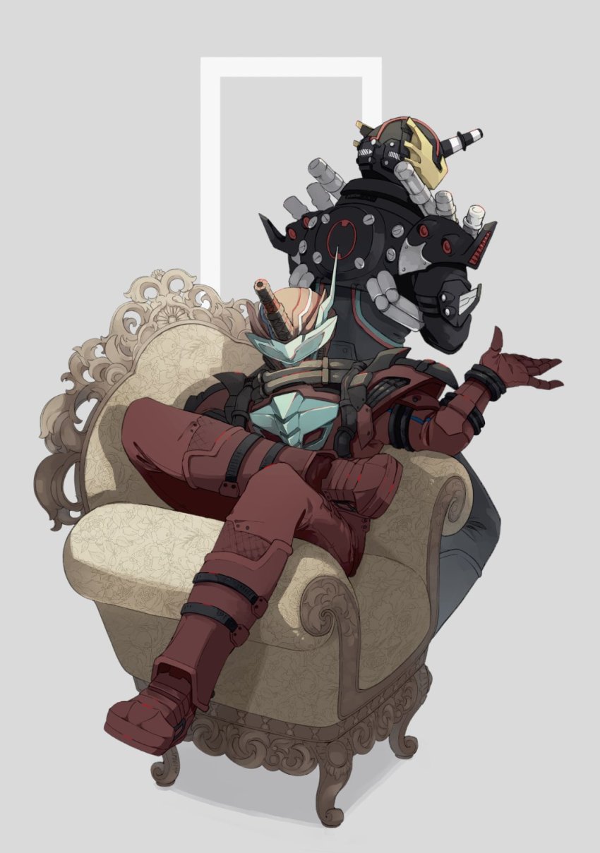 2boys armor asymmetrical_horns bat_(animal) black_armor black_bodysuit black_footwear blood_stalk bodysuit boots chair cobra_(animal) crossed_arms crossed_legs ebony_nightmare facing_away figure_four_sitting floral_print highres horns kamen_rider kamen_rider_build_(series) multiple_boys night_rogue red_armor red_bodysuit red_footwear single_horn sitting vest villain_pose visor visor_(armor) wire