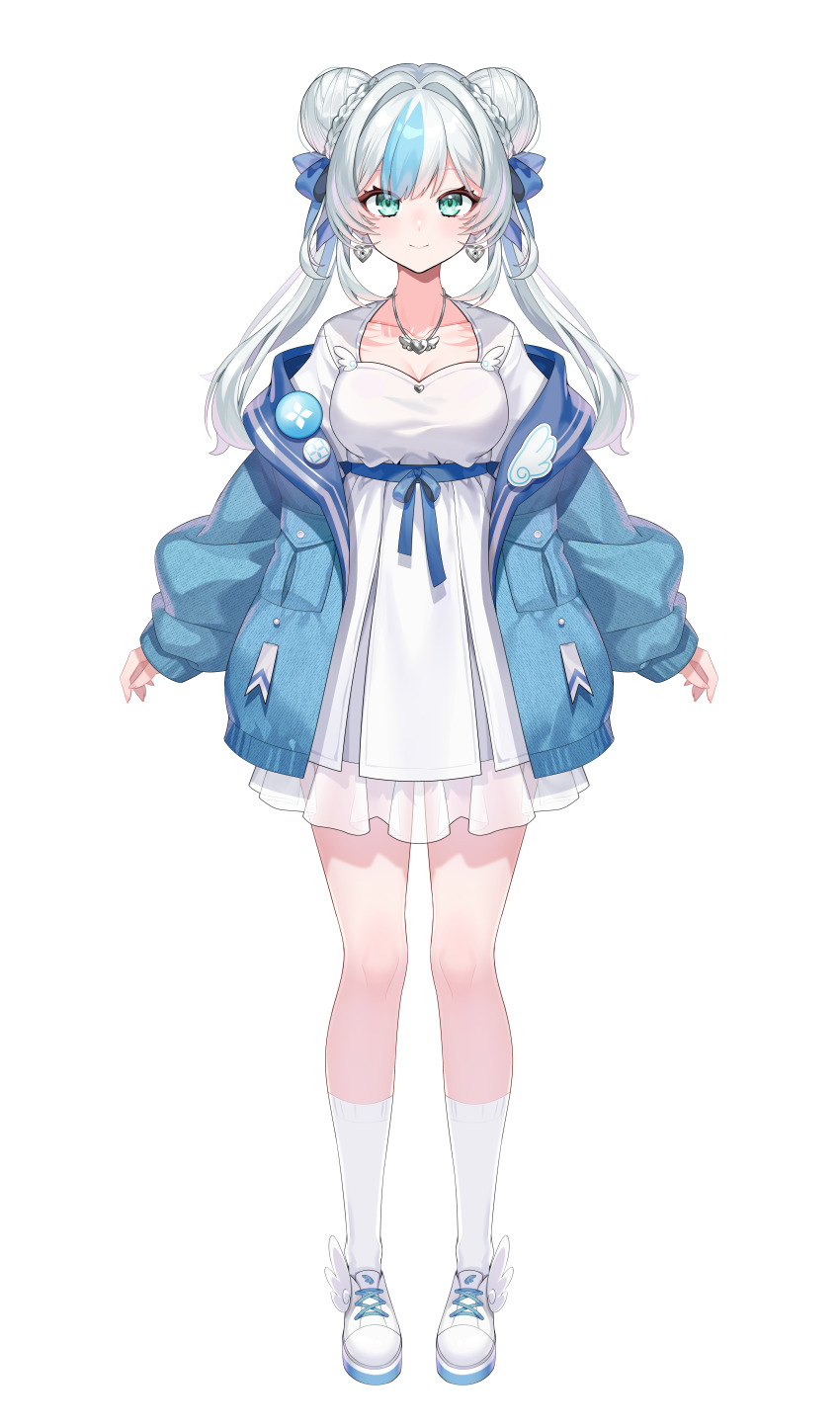 1girl absurdres artist_request blue_hair blue_jacket blue_ribbon breasts bun_with_braided_base closed_mouth collarbone double_bun dress earrings frilled_dress frills full_body green_eyes grey_hair hair_bun hair_ribbon heart heart_earrings heart_necklace highres jacket jewelry kamishiro_rita multicolored_hair necklace noa_talent official_art open_clothes open_jacket ribbon second-party_source shadow shoes smile socks solo streaked_hair twintails white_dress white_shoes white_socks wing_ornament