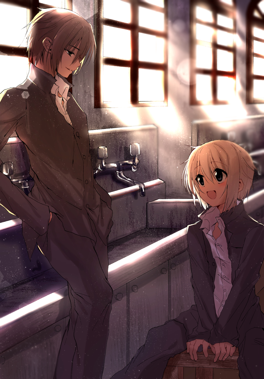 2boys :d between_legs black_eyes black_jacket black_pants brown_eyes collared_shirt cowboy_shot day dow drinking_fountain gakuran hair_between_eyes hand_between_legs hands_in_pockets highres indoors jacket kasukasugom1 kusanagi_naoya light_smile looking_at_another ma male_focus multiple_boys natsume_kei_(sakura_no_uta) open_clothes open_jacket open_mouth pants parted_lips sakura_no_uta school_uniform shirt short_hair sitting sleeves_past_wrists smile standing straight_hair sunlight white_hair white_shirt