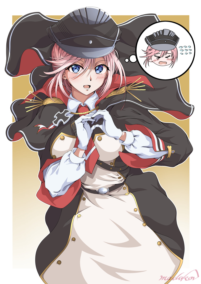 &gt;_&lt; 1girl :o absurdres artist_name azur_lane black_cape black_hat blue_eyes breasts buttons cape cross double-breasted epaulettes flying_teardrops gloves hat heart heart_hands highres iron_cross long_hair long_sleeves looking_at_viewer madakov_kodima medium_breasts military military_hat military_uniform necktie open_mouth peaked_cap pink_hair red_necktie seydlitz_(azur_lane) short_hair solo speech_bubble standing thought_bubble white_gloves