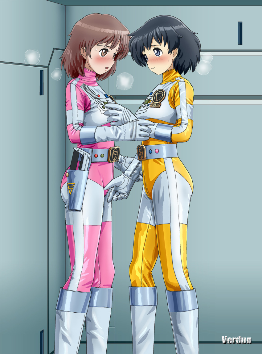 2girls animification artist_name belt black_hair blue_eyes blush bodysuit boots brown_eyes brown_hair choudenshi_bioman closed_mouth commentary_request gloves hand_on_another&#039;s_arm hand_on_another&#039;s_chest helmet highres hikaru_(bioman) looking_at_another multiple_girls open_mouth short_hair skin_tight standing super_sentai verdun_(berudan) yellow_4 yuri