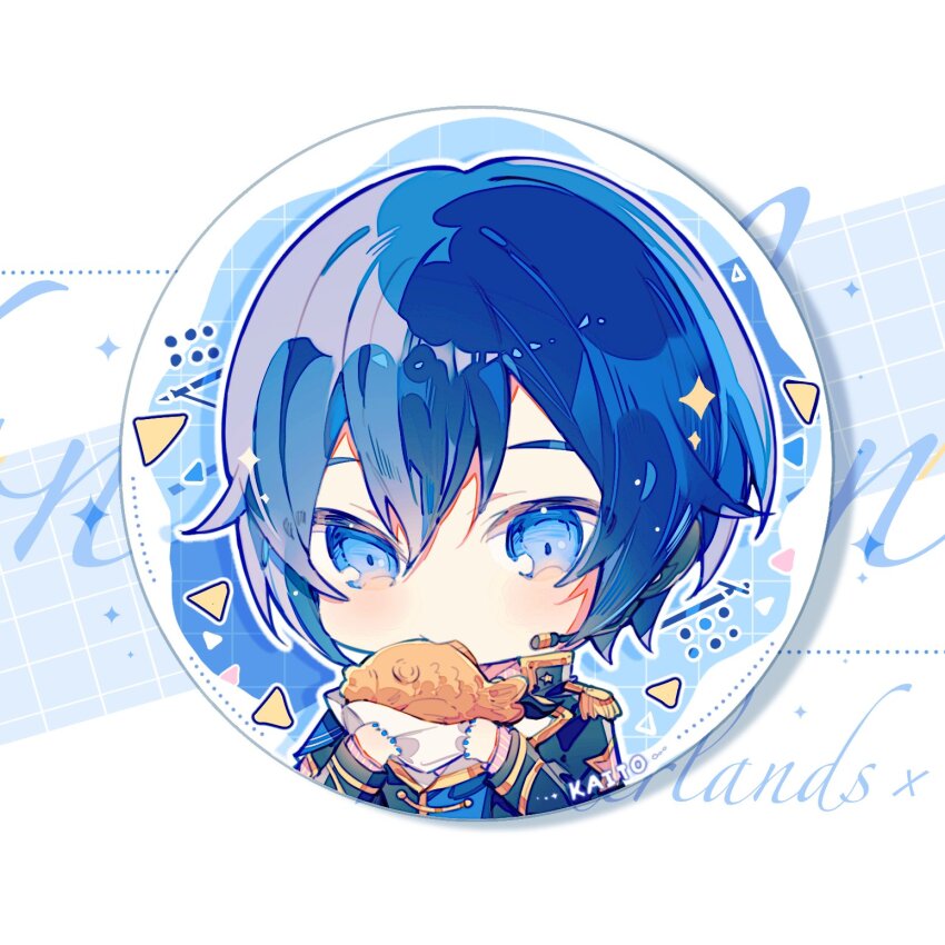1boy band_uniform blue_eyes blue_hair blue_nails character_name chibi chibi_only chulixun1 eating english_text epaulettes food hair_between_eyes hands_up highres holding holding_food kaito_(vocaloid) male_focus short_hair solo upper_body vocaloid