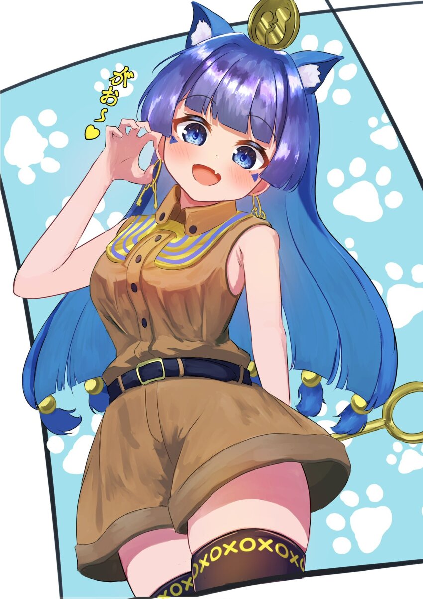 1girl animal_ear_fluff animal_ears belt black_thighhighs blue_eyes blue_hair brown_shirt brown_shorts cat_ears cat_girl claw_pose collared_shirt earrings extra_ears facial_mark gao gold gold_buckle gold_hairband gold_headdress gold_headwear hairband highres jewelry kemonomimi_mode key_earrings long_hair looking_at_viewer michigami_nareko open_mouth paw_print pico_kimuchi scepter shirt shorts simple_background sleeveless tail thighhighs touhou triangle triangle_facial_mark usekh_collar
