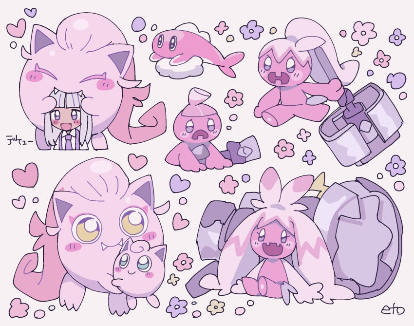 1girl ^_^ biting blunt_bangs blush_stickers bright_pupils closed_eyes collared_shirt color_connection colored_eyelashes colored_skin evolutionary_line fangs fish flower gen_1_pokemon green_eyes hammer head_biting highres holding holding_hammer huge_weapon jigglypuff juliana_(pokemon) necktie nintendo open_mouth pink_skin pink_theme pokemon pokemon_(creature) pokemon_sv ponytail purple_eyes purple_necktie remoooon scream_tail shirt signature skin_fangs smile suspenders tan tatsugiri tatsugiri_(droopy) tinkatink tinkaton tinkatuff weapon white_hair white_shirt yellow_eyes