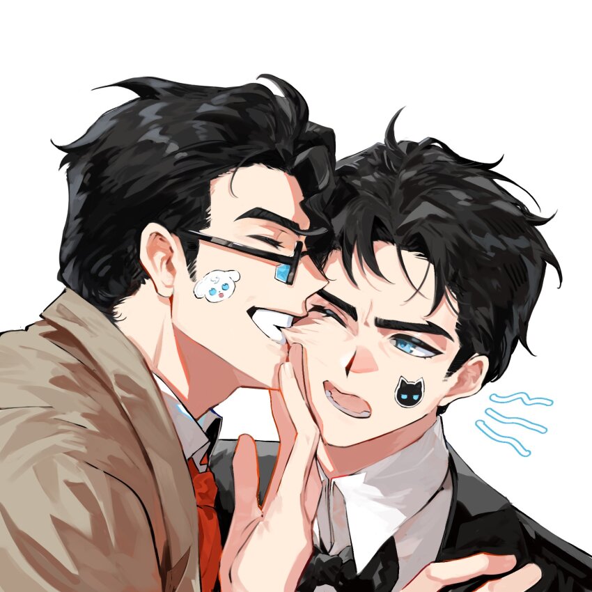 2boys animification batman_(series) biting biting_cheek black-framed_eyewear black_bow black_bowtie black_hair black_jacket blue_eyes bow bowtie brown_jacket bruce_wayne clark_kent closed_eyes collared_shirt dc_comics fingernails glasses h77vkas2crgbpxc hand_on_another&#039;s_chin highres jacket lapels looking_at_another male_focus multiple_boys necktie one_eye_closed open_mouth red_necktie shirt short_hair simple_background smile sticker_on_face superman_(series) teeth upper_body white_background white_shirt yaoi