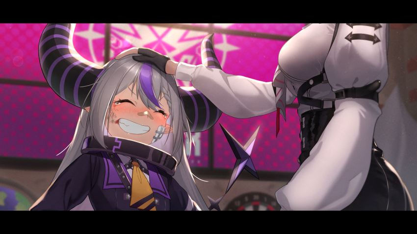 2girls :d arm_belt belt black_belt black_horns blush braid braided_bangs breasts bruise chest_harness closed_eyes coat collar demon_girl demon_horns gauze gauze_on_cheek grey_hair hand_on_another&#039;s_head harness head_out_of_frame high-waist_shorts highres hololive holox horns indoors injury la+_darknesss la+_darknesss_(1st_costume) large_breasts leather_shorts letterboxed long_hair long_sleeves metal_collar monitor multicolored_hair multiple_girls nananamako necktie nose_blush open_mouth pointy_ears puffy_long_sleeves puffy_sleeves purple_coat purple_hair purple_horns shirt shorts smile streaked_hair striped_horns takane_lui takane_lui_(1st_costume) very_long_hair virtual_youtuber white_shirt yellow_necktie