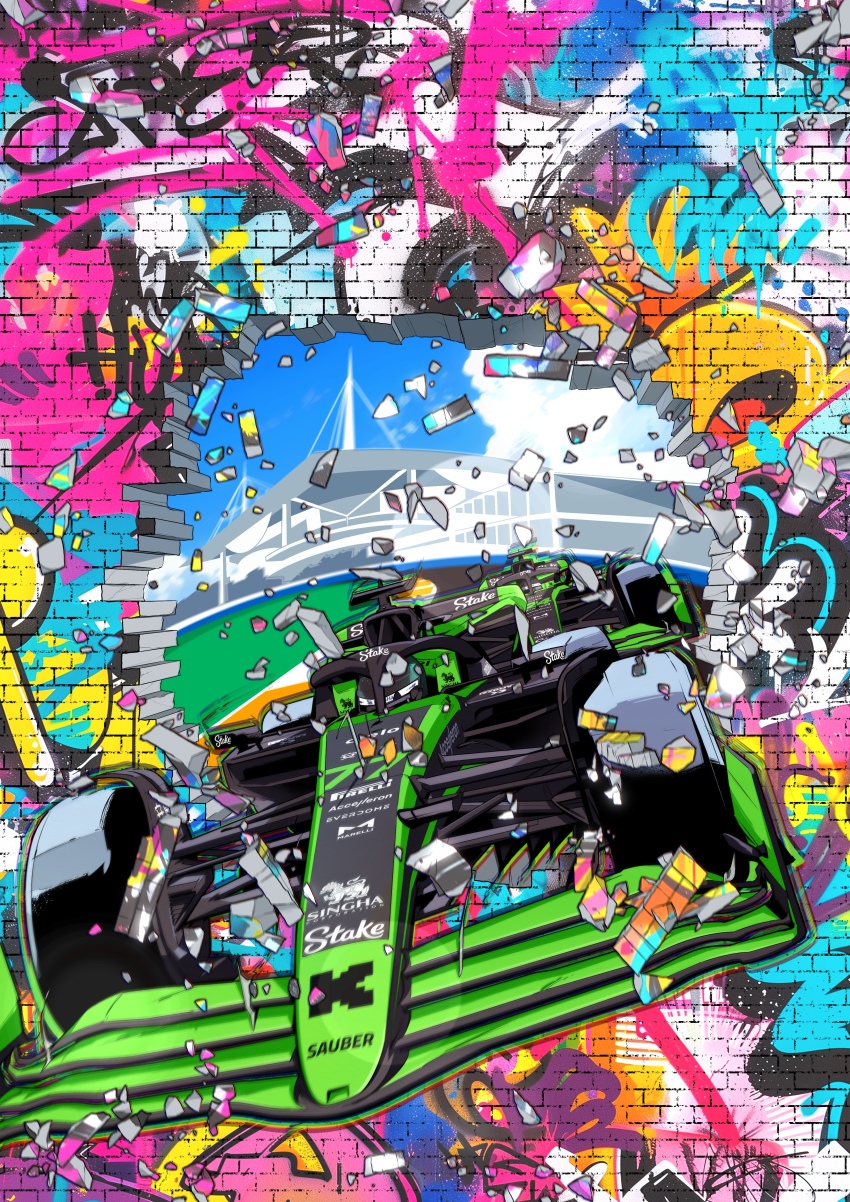 2boys absurdres black_helmet brick_wall car formula_one formula_racer graffiti hard_rock_stadium helmet highres juan_alcala making-of_available miami motor_vehicle multiple_boys promotional_art race_vehicle racecar real_life sauber sauber_c44 spoiler_(automobile) valtteri_bottas vehicle_focus zhou_guanyu