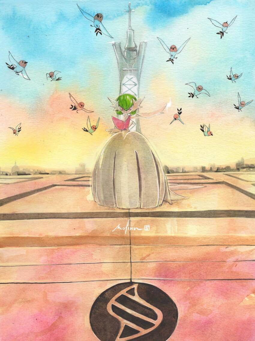 bird colored_skin dress elbow_gloves fletchling gardevoir gen_3_pokemon gen_6_pokemon gloves highres lumiose_city mega_evolution_symbol mega_gardevoir mega_pokemon mofinngram nintendo painting_(medium) pink_eyes pokemon pokemon_(creature) pokemon_legends:_z-a pokemon_xy signature traditional_media watercolor_(medium) white_dress white_gloves white_skin