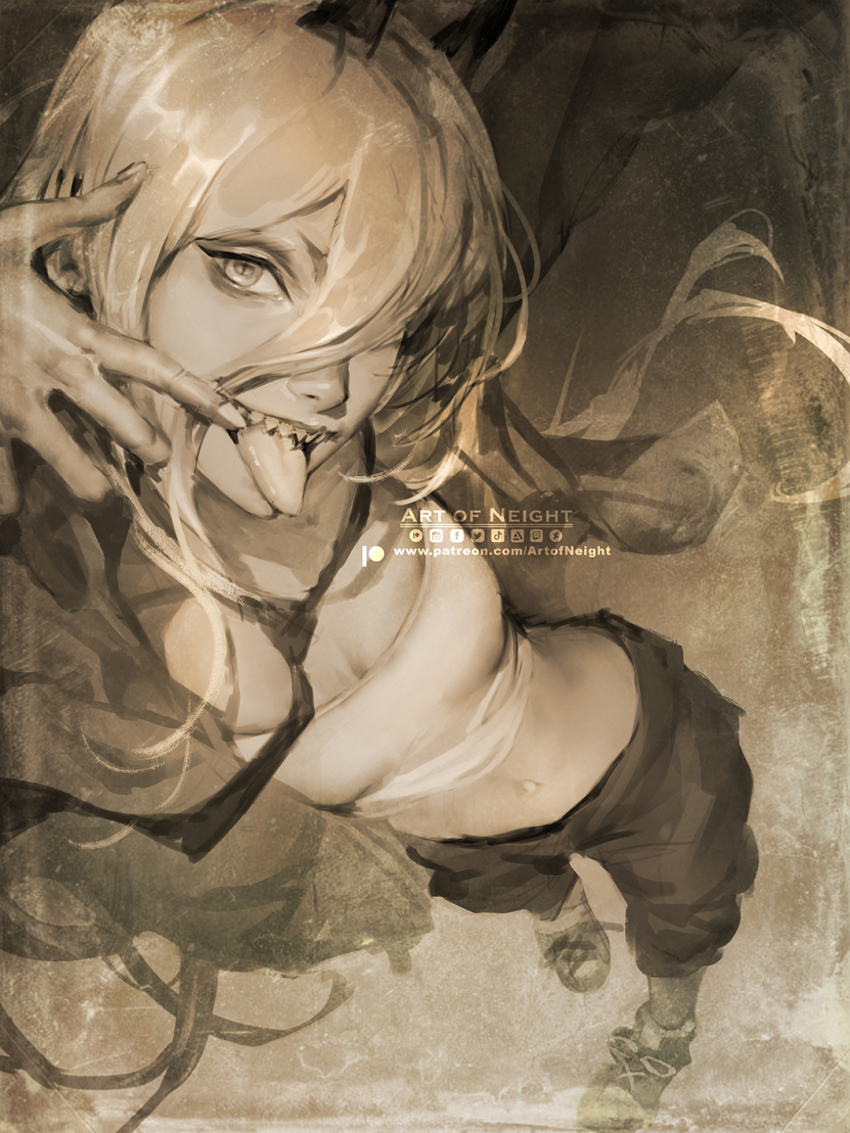 1girl art_of_neight artist_name black_necktie black_pants breasts chainsaw_man cleavage cropped_legs cross-shaped_pupils facebook_logo from_above hair_between_eyes hair_over_one_eye highres horns jacket long_hair looking_at_viewer midriff necktie open_clothes pants patreon_username power_(chainsaw_man) sepia sharp_teeth single_horn small_breasts solo symbol-shaped_pupils teeth tongue tongue_out twitter_logo