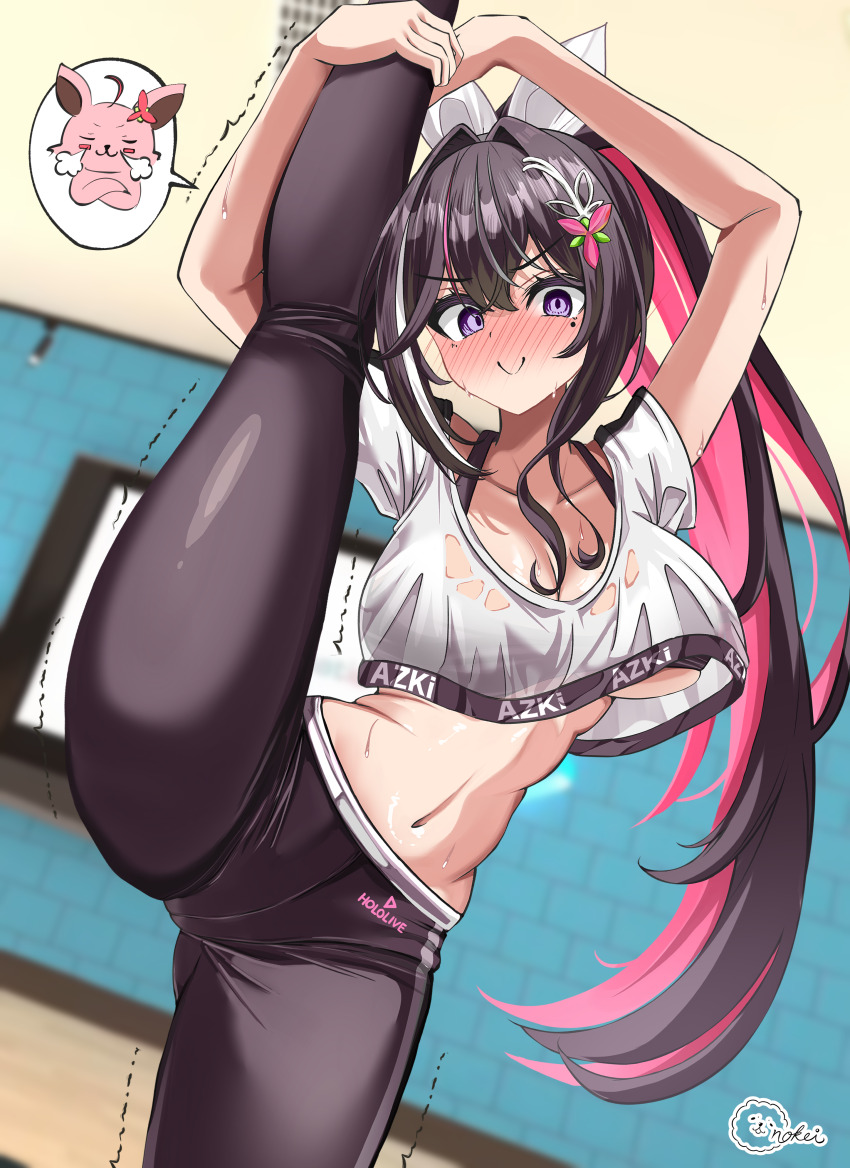 1girl absurdres alternate_hairstyle azki_(hololive) black_hair black_pants bow breasts character_name colored_inner_hair cropped_shirt hair_bow highres hololive hololive_dance_practice_uniform inokeiwd large_breasts leg_up looking_at_viewer multicolored_hair official_alternate_costume pants pink_hair ponytail purple_eyes smile solo streaked_hair stretching virtual_youtuber white_bow yoga_pants