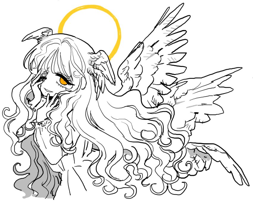 1girl angel angel_wings curly_hair dress feathered_wings halo halo_behind_head hand_on_own_face head_wings highres kakke666 long_hair long_sleeves looking_at_viewer multiple_wings one_eye_closed original partially_blind puffy_long_sleeves puffy_sleeves scar scar_across_eye scar_on_face simple_background solo upper_body very_long_hair white_background white_dress white_hair white_wings wings yellow_eyes