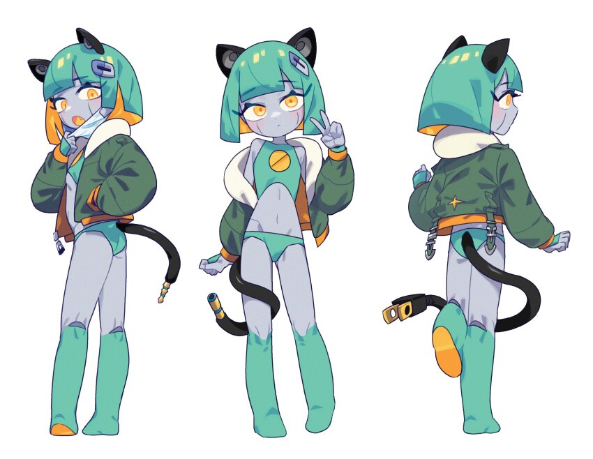 1girl absurdres android animal_ears aqua_bikini aqua_boots aqua_hair ass audio_jack bikini blush bob_cut boots cable cable_tail colored_skin dot_nose electric_plug electric_plug_tail fang flat_ass flat_chest green_jacket grey_skin hair_ornament hamma highres jacket mechanical_tail mint_star_(hamma) multiple_views off_shoulder simple_background swimsuit tail v white_background yellow_eyes