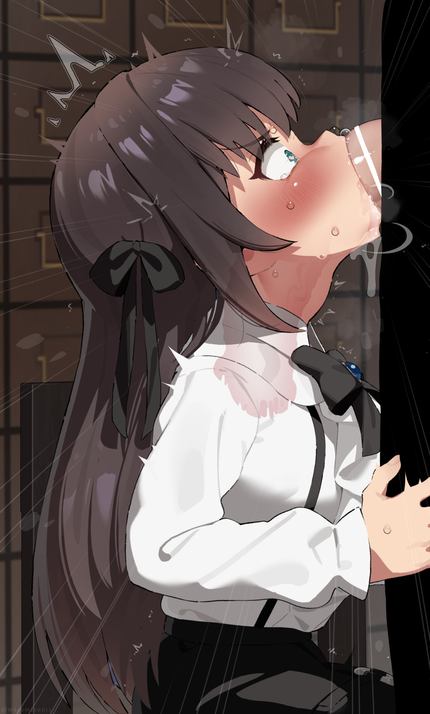 1boy 1girl absurdres alina_clover bar_censor black_bow black_bowtie black_skirt bow bowtie brown_hair censored deepthroat fellatio from_side green_eyes guild_no_uketsukejou_desu_ga_zangyou_wa_iya_nanode_boss_wo_solo_toubatsu_shiyou_to_omoimasu heart heart-shaped_pupils hetero highres long_hair mizumizuni oral penis profile shirt skirt solo_focus symbol-shaped_pupils white_shirt x-ray