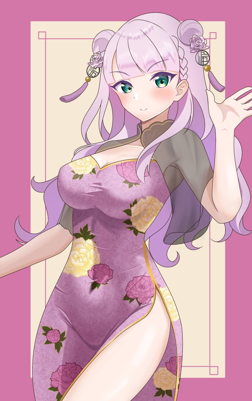1girl absurdres breasts china_dress chinese_clothes cleavage dress green_eyes highres love_live! love_live!_superstar!! purple_hair wien_margarete