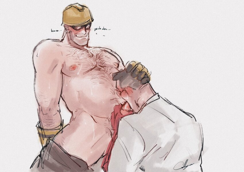 2boys bara black_gloves black_hair blush brown_pants cabbage_(ncalabby) chest_hair closed_mouth commentary elbow_gloves engineer_(tf2) english_text fat fat_man fellatio glasses gloves goggles hand_on_another&#039;s_head handjob handjob_while_sucking hard_hat hat helmet highres in_air irrumatio large_pectorals legs_apart long_sleeves looking_at_another looking_down male_focus mature_male medic_(tf2) medical_gloves midair moaning multiple_boys muscular muscular_male nipples open_pants oral pants pants_around_one_leg pectorals penis_grab precum red_gloves red_medic_(tf2) shirt short_hair sitting spread_legs sweat talking team_fortress_2 two-tone_gloves white_background white_shirt yaoi yellow_gloves yellow_hat
