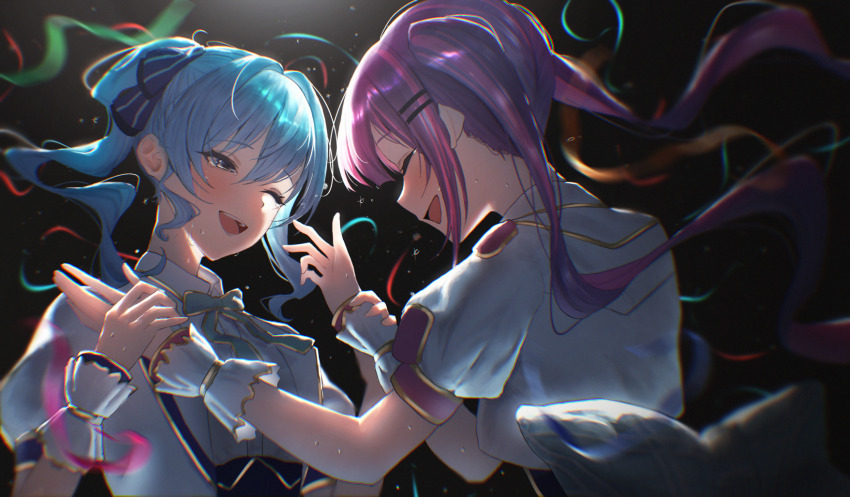 2girls blue_eyes blue_hair blush bow closed_eyes confetti crying facing_another hair_ornament hair_ribbon hairclip happy highres holding_another&#039;s_wrist hololive hololive_idol_uniform_(origin) hoshimachi_suisei idol_clothes long_hair looking_at_another multicolored_hair multiple_girls official_alternate_costume one_eye_closed open_mouth pink_hair purple_hair ribbon senriyama short_sleeves side_ponytail smile streaked_hair streaming_tears sweat tears tokoyami_towa twintails upper_body virtual_youtuber wrist_cuffs