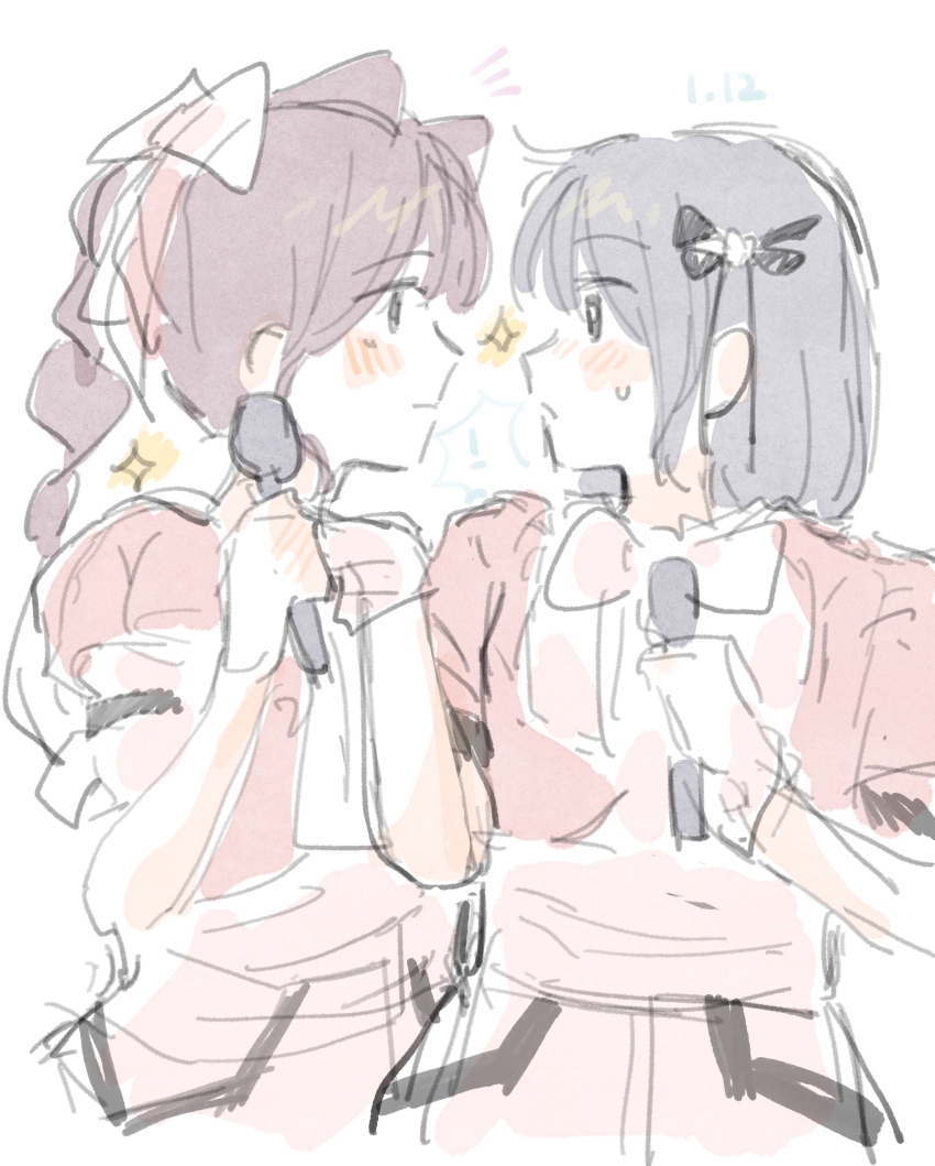 2girls 3rd_live_tour_try_tri_unity!!! absurdres animal_ears animification black_hair black_ribbon bloom_the_smile_bloom_the_dream! blush brown_hair cat_ears chinese_commentary closed_mouth commentary_request dress eye_contact hair_ribbon highres holding holding_microphone jacket kemonomimi_mode kurusu_rin link!_like!_love_live! long_hair looking_at_another love_live! microphone multi-tied_hair multiple_girls open_clothes open_jacket open_mouth pink_dress pink_jacket ponytail puffy_short_sleeves puffy_sleeves real_life ribbon sakurai_hina short-sleeved_jacket short_hair short_sleeves simple_background sketch sparkle sweatdrop upper_body voice_actor white_background woodonly yuri