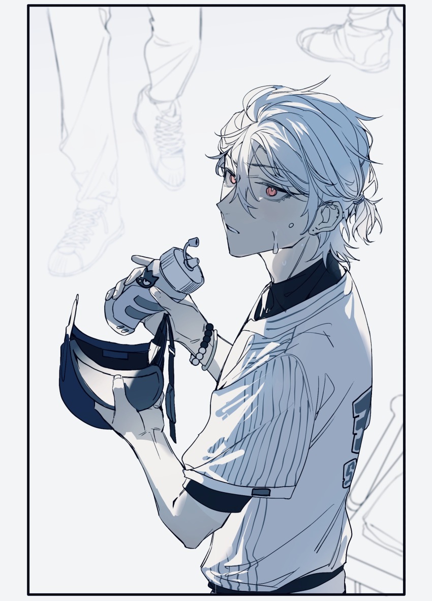 1boy 2others absurdres alternate_costume aohitsugi_samatoki baseball_uniform black_border border bottle bracelet ear_piercing earrings hair_between_eyes helmet highres holding holding_bottle holding_helmet hypnosis_mic jewelry male_focus monochrome multiple_boys multiple_others pants parted_lips piercing ponytail red_eyes shirt shoes short_hair short_ponytail short_sleeves shuiyiyaogong simple_background sneakers solo_focus sportswear spot_color sweat sweatdrop unworn_headwear unworn_helmet upper_body water_bottle white_background white_hair white_shirt