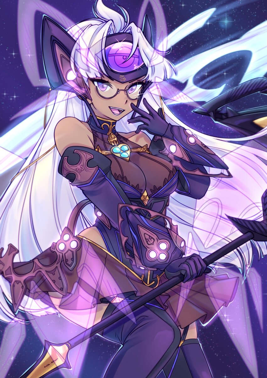 1girl absurdres armor black_armor black_leotard breasts commentary cowboy_shot dark-skinned_female dark_skin english_commentary fehden glasses grey_hair headgear highres large_breasts leotard long_hair purple_eyes see-through_clothes see-through_leotard semi-rimless_eyewear solo t-elos t-elos_re: under-rim_eyewear xenoblade_chronicles_(series) xenoblade_chronicles_2