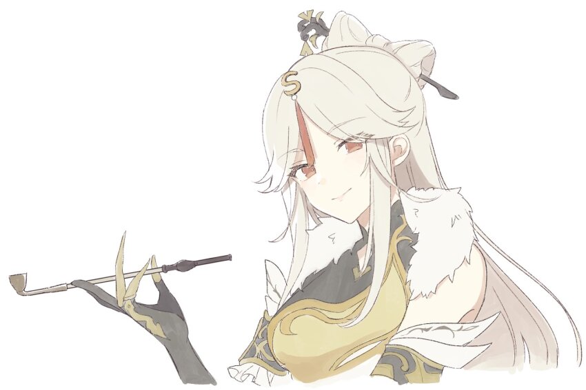 1girl bow-shaped_hair breasts china_dress chinese_clothes claw_ring closed_mouth detached_sleeves dress genshin_impact grey_hair hair_ornament hair_stick holding holding_smoking_pipe kiseru long_hair looking_at_viewer medium_breasts ningguang_(genshin_impact) red_eyes shirase_(shirose) simple_background smoking_pipe solo tassel tassel_hair_ornament upper_body white_background