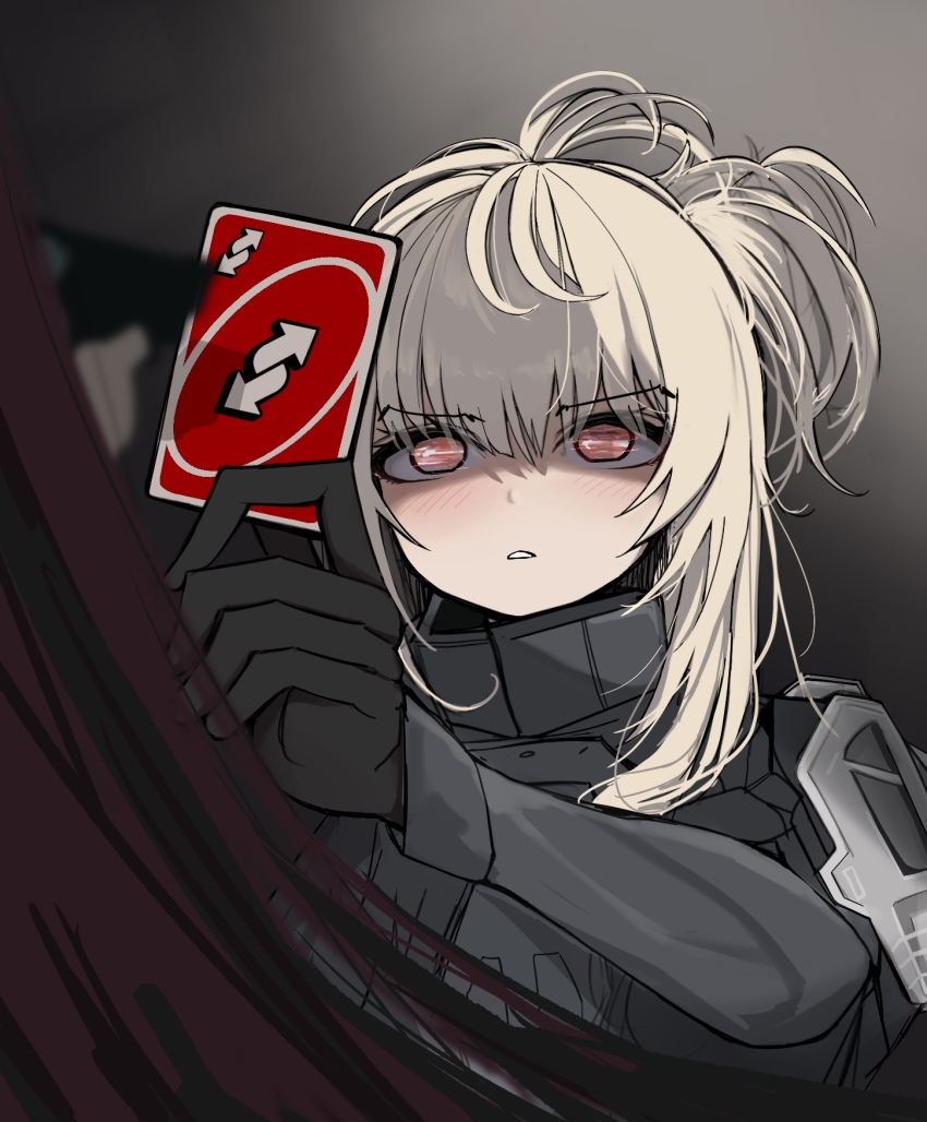 2girls aiming armor black_gloves black_jacket blonde_hair bulletproof_vest card commentary dorothy_(nikke) gloves goddess_of_victory:_nikke gun hair_between_eyes highres holding holding_card holding_gun holding_weapon jacket long_hair long_sleeves looking_at_another multiple_girls parody parted_lips pink_hair pinne_(nikke) ponytail product_23_(nikke) red_eyes shaded_face short_ponytail sidelocks solo_focus spoilers standing tactical_clothes uno_(game) uno_reverse_card weapon yakii_(yak11)